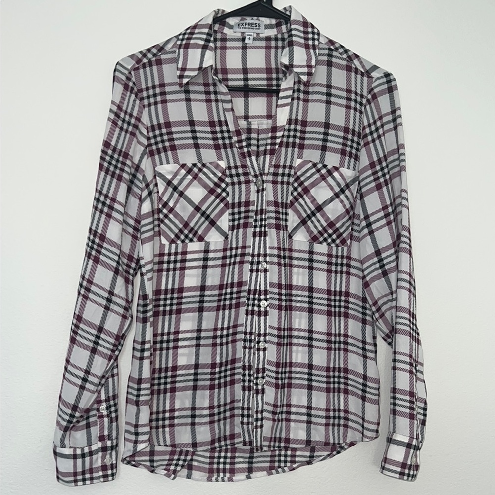 Express Black and White Button Down Shirt with Notched Collar